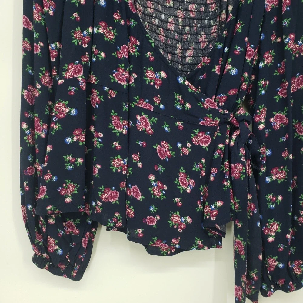 Old Navy Puff Sleeve Floral Smocked Wrap Blouse Top Women L Navy Long Sleeve